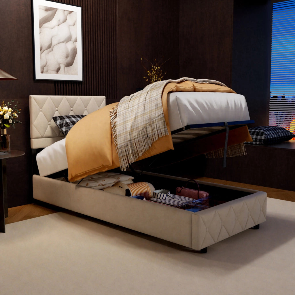 Letto singolo imbottito beige in velluto, struttura MDF ferro, supporto centrale