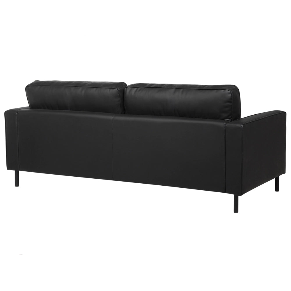 Divano in pelle nera a 3 posti con gambe in metallo con schienale imbottito e minimalista moderno