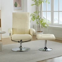Poltrona relax, reclinabile e massaggiante a 5 punti, con funzione di riscaldamento elettrico e poggiapiedi, girevole a 360°, in tessuto PU, 75x76x103 cm, Beige