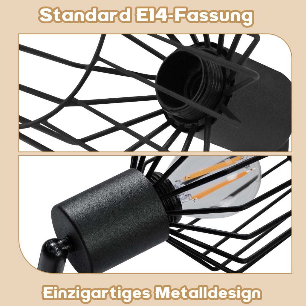 ZMH Lampada da soffitto 3 faretti E14 metallo nero rotonda orientabili 350° stile industriale per corridoio soggiorno