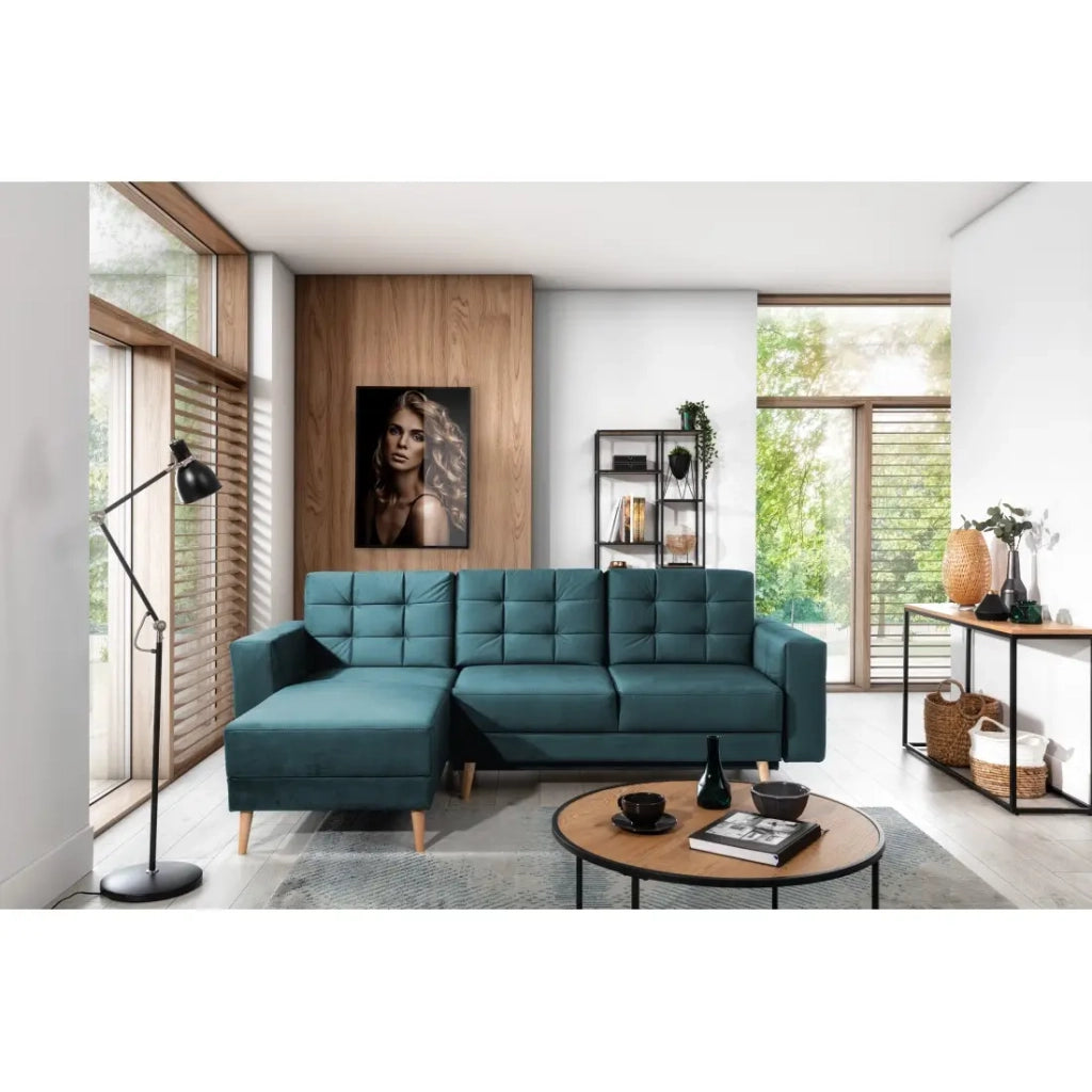 Divano angolare trasformabile HASGARD 3 posti verde scuro 248x162 cm - con baule e piedi in legno
