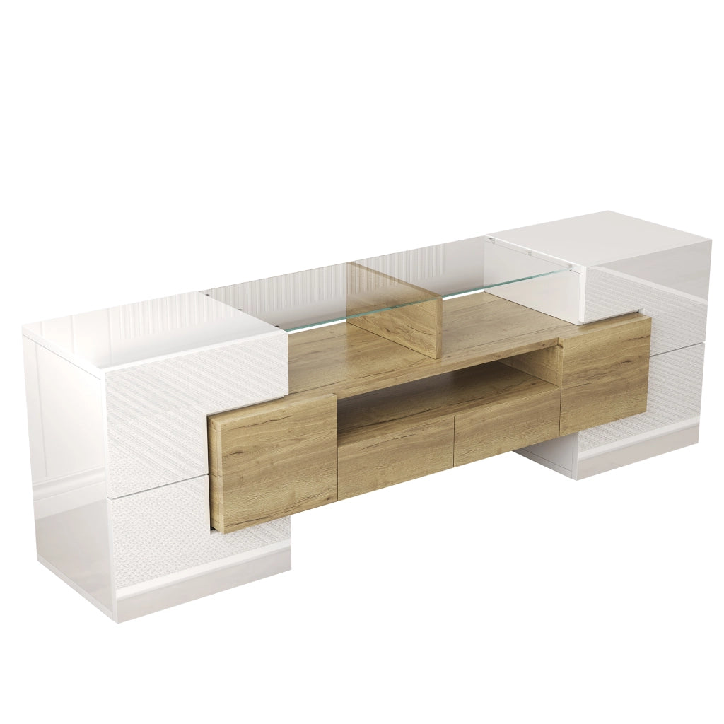 Mobile TV con 6 Ante; 2 Cassetti e LED Multicolore; Bianco Lucido e Oro; 145??30??51 cm; in Pannello Truciolare