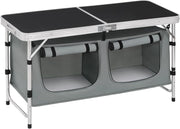Tavolo da Picnic Pieghevole, Mobile Cucina da Campeggio, Esterno, in MDF e alluminio con 2 Scomparti Regolabili in Altezza, 120 x 47 x 62/69.5 cm