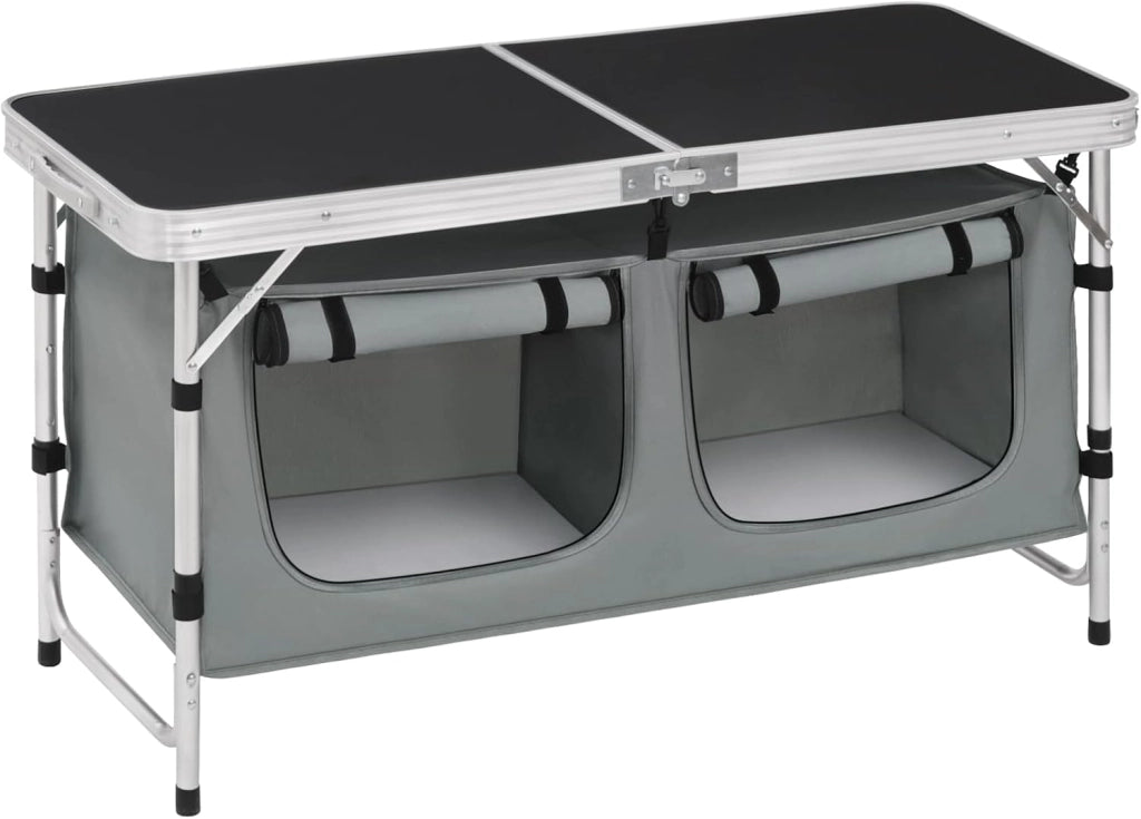 Tavolo da Picnic Pieghevole, Mobile Cucina da Campeggio, Esterno, in MDF e alluminio con 2 Scomparti Regolabili in Altezza, 120 x 47 x 62/69.5 cm