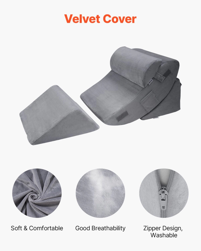 KD016 Set 4 Cuscini a Cuneo Regolabili in Memory Foam e Velluto Grigio Scuro per Letto Supporto Ergonomico