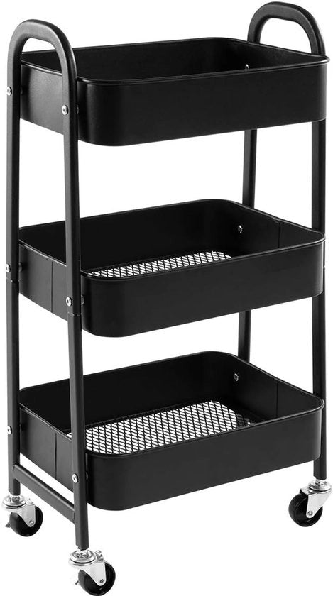Carrello di archiviazione 3 piani - Carrello rotante - Carrello organizzatore - 1 pezzo - Nero - Metallo