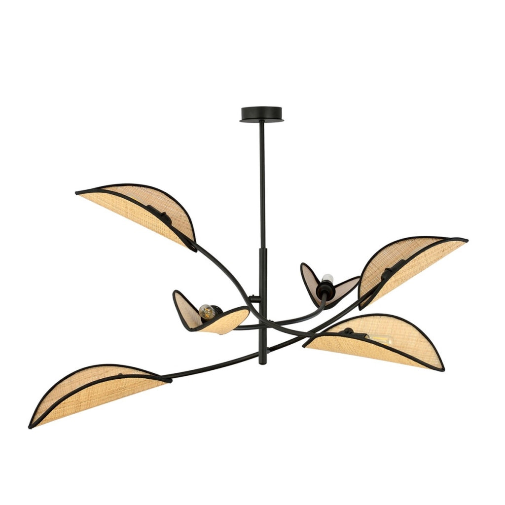 Lampada a sospensione Lotus in acciaio nero e rattan