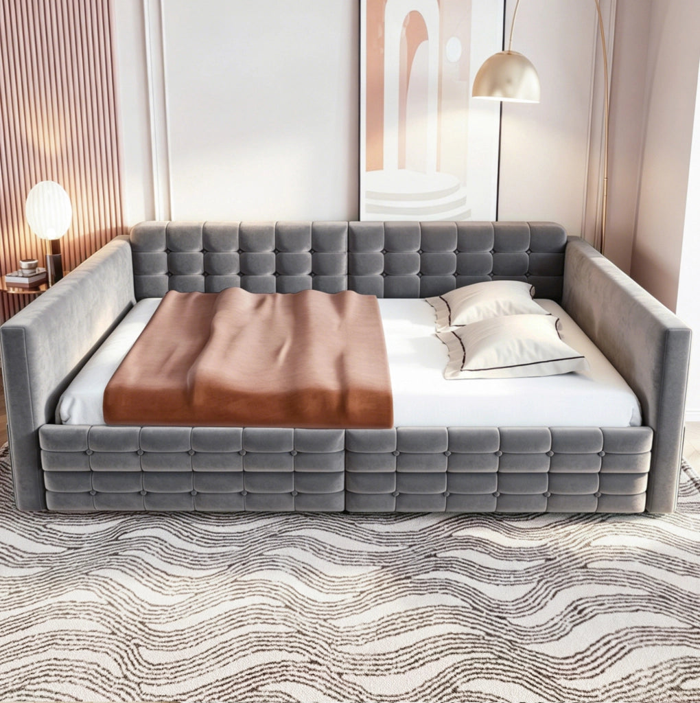 Letto imbottito 140 x 190 cm grigio con cassetti e tasche laterali