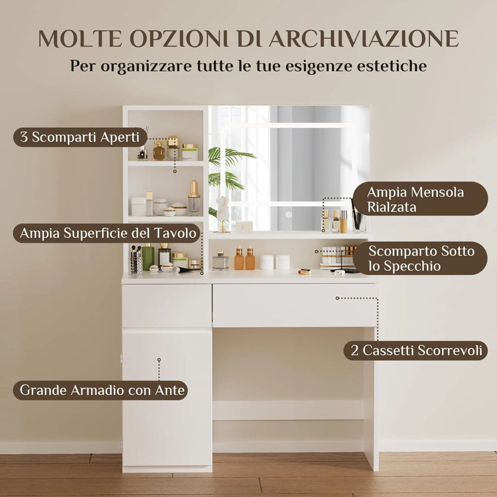 Toeletta Trucco con Specchio, Luci LED Regolabili, Ripiani Regolabili con 2 Cassetti，Postazione Trucco,Tavolo da Toilette Moderno in Legno Bianco