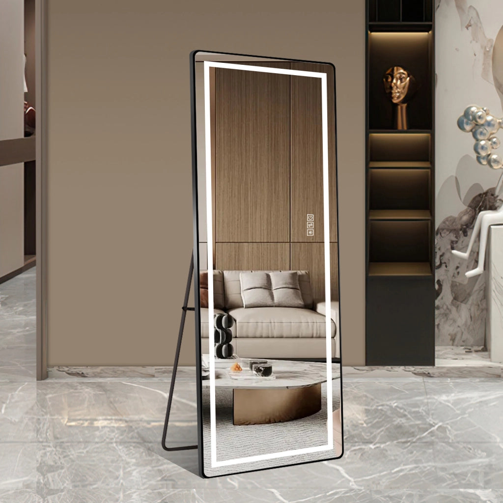 Specchio da terra figura intera LED 163x54 cm con staffa; cornice sottile in lega di alluminio nera