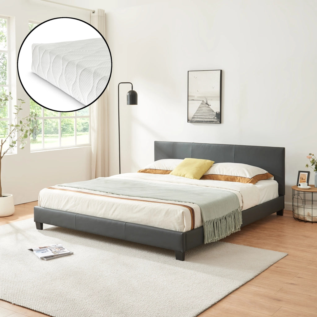 Letto Matrimoniale King Size Albacete con Testiera Alta e Materasso 180x200 cm Similpelle Grigio Scuro Corium