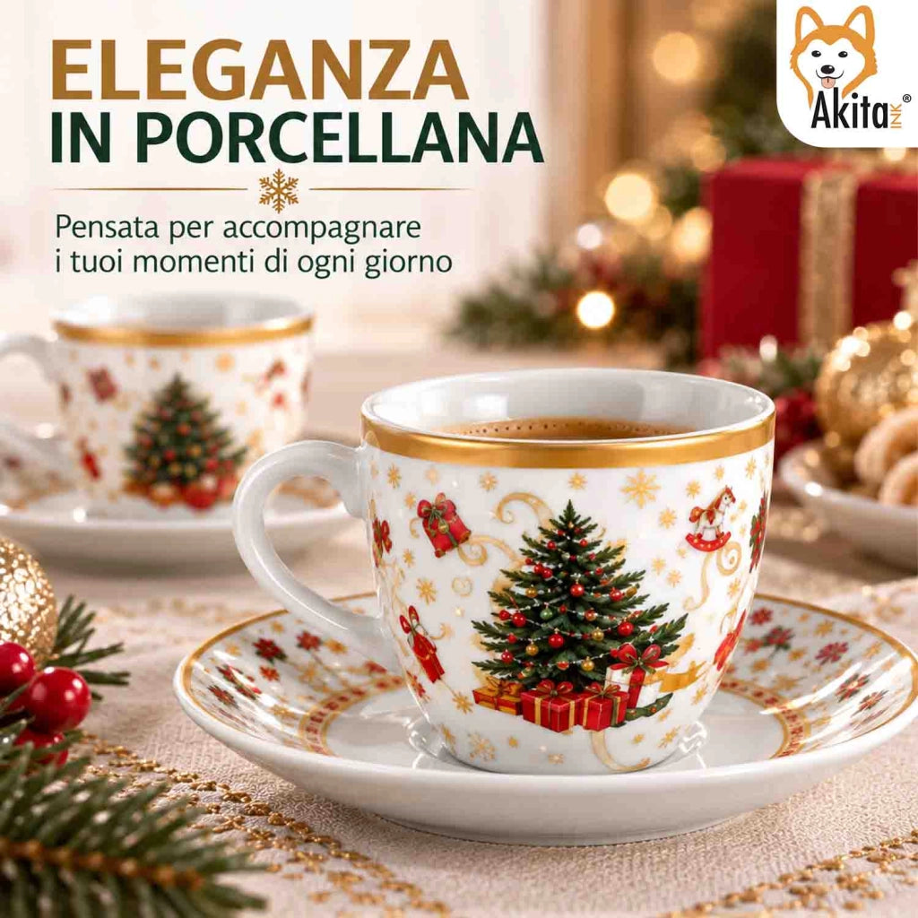 Akitaink 6 Tazzine da Caffe' Christmas Tree Gold con Piattino