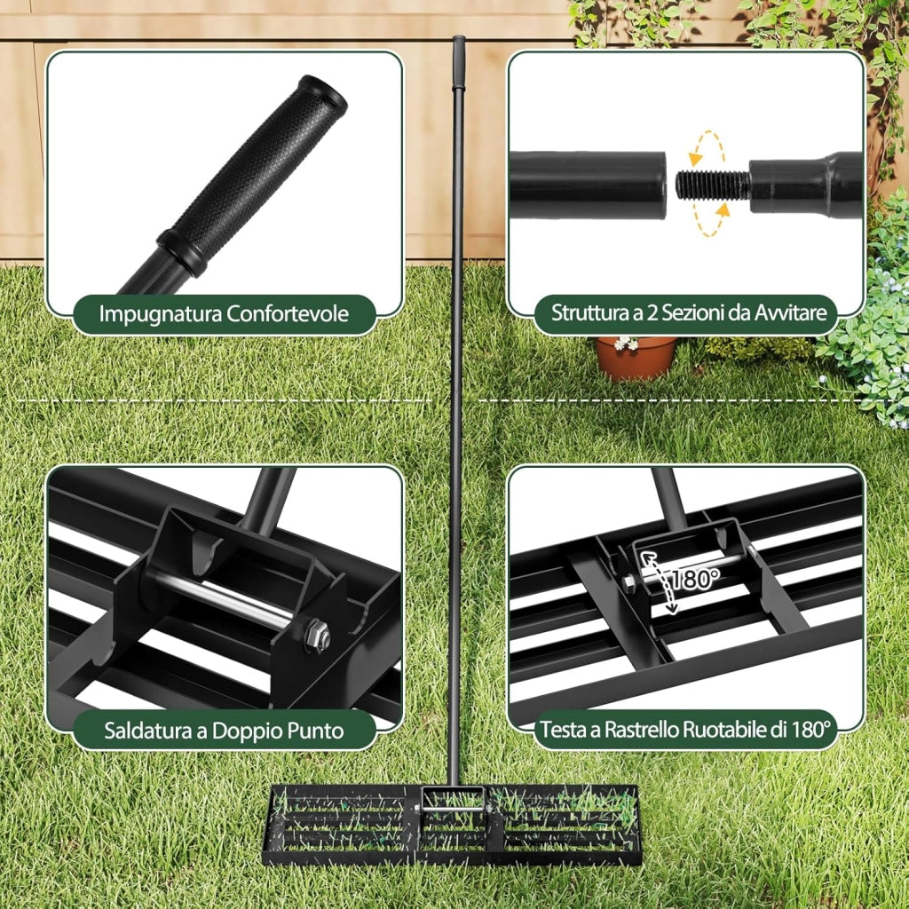 Rastrello Livellatore per Prato, Attrezzo per la Livellatura del Prato con Manico Ergonomico, Livellatrice per Giardino, Cortile, Campo da Golf, Fattoria e Pascolo (Nero 75 x 25 cm)