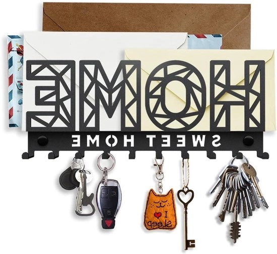 Sostegno per chiave da parete con cassetto per lettere - supporto decorativo con 10 ganci - facile da installare in acciaio inox nero 275 x 115 mm.