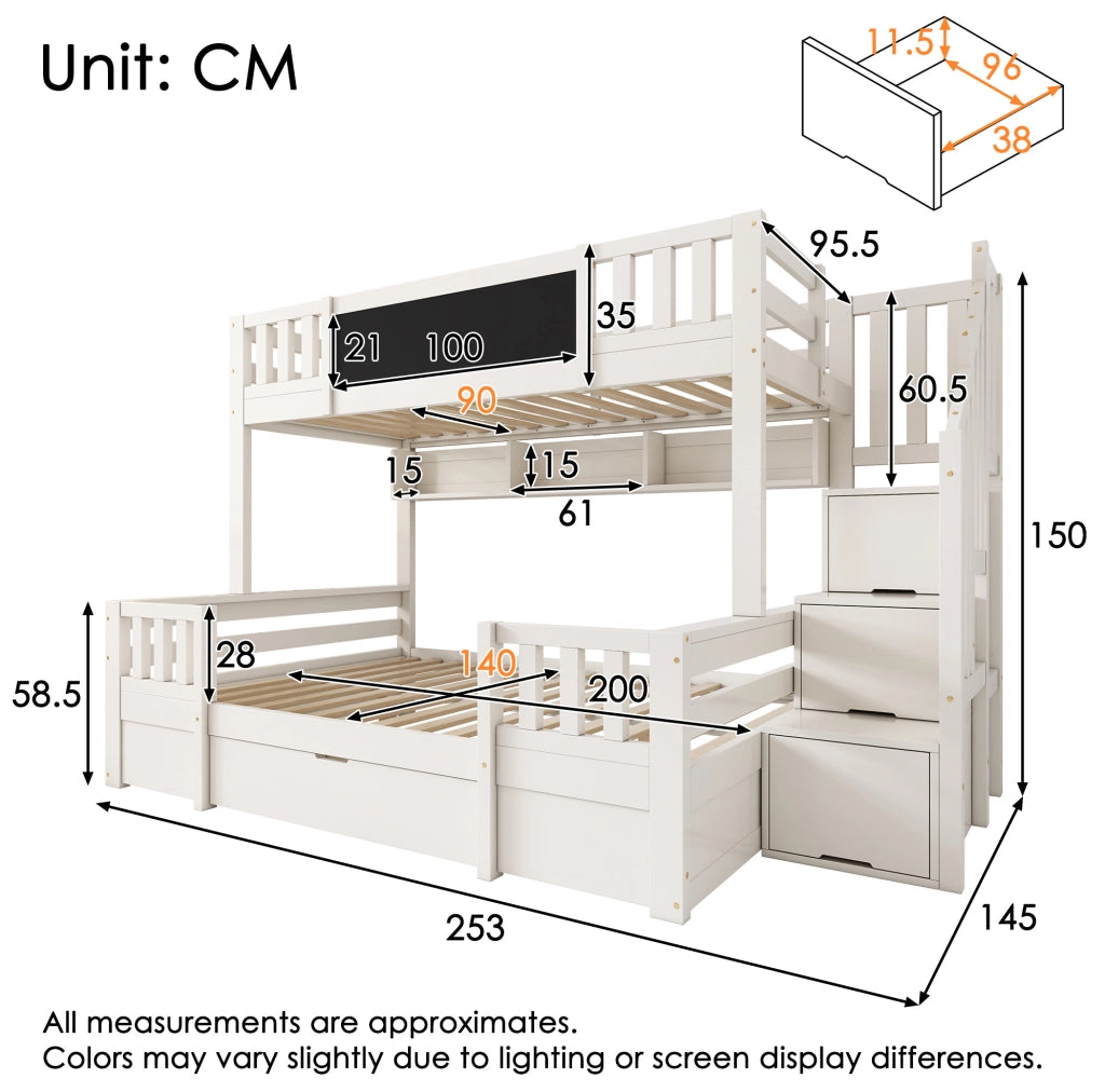 Letto a castello per 3 persone con lavagna; scala contenitore e cassetti; 253x145x150 cm; bianco