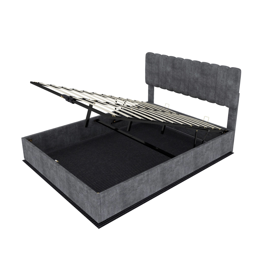 Letto Imbottito Moderno 140x200 cm con Testiera Morbida e Base Contenitore Grigia