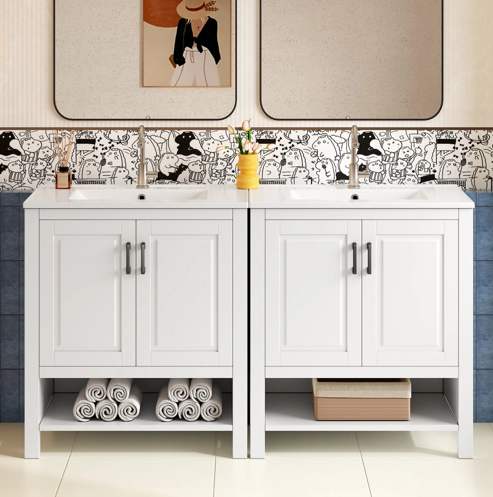 Mobile lavabo da bagno a terra con lavabo in ceramica e doppia anta