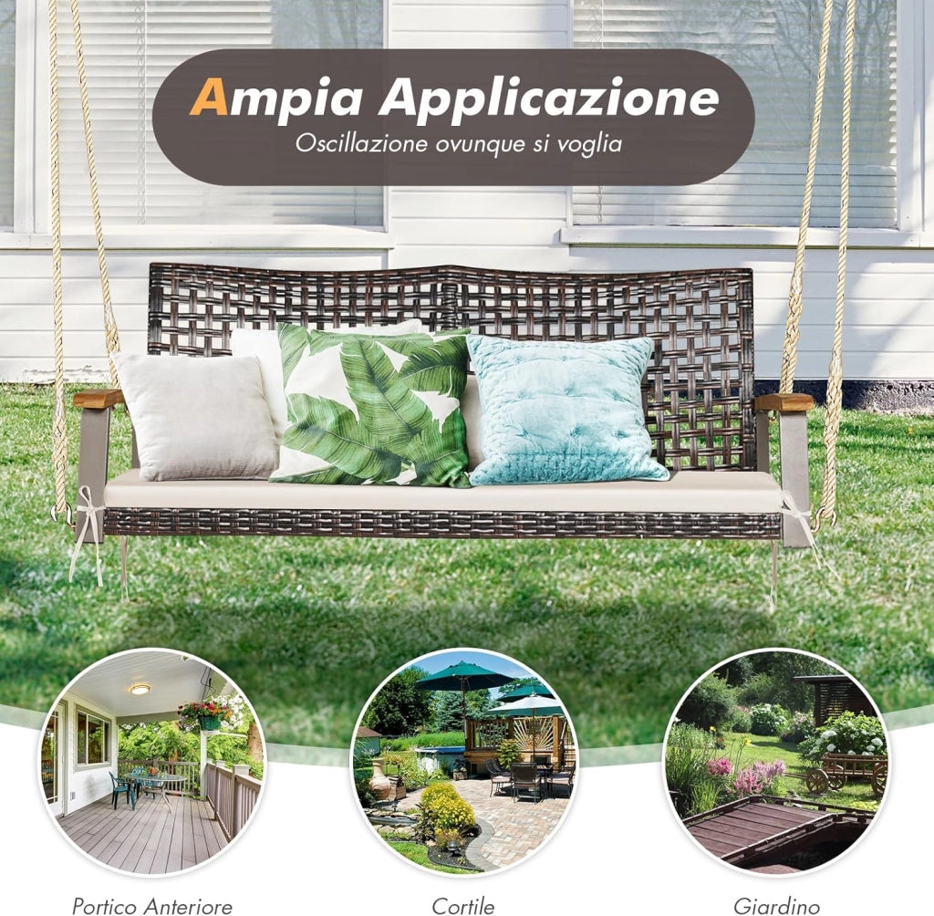 Dondolo Sospeso per Esterno a 2 Posti, Altalena da Giardino con Cuscino, Sedia Sospesada Gairdino con Braccioli, per Portico, Capacità di carico di 360 kg (Bianco)