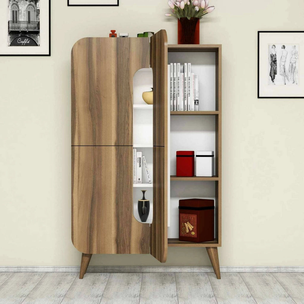Credenza Novella, Buffet da soggiorno, Madia da salotto, Dispensa da cucina, 93x32h144 cm, Noce e Bianco