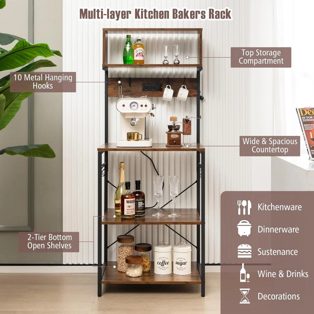 Scaffale da cucina con stazione di ricarica, scaffale per microonde con ripiani aperti e 10 ganci per appenderla, industriale con telaio in acciaio, per cucina, sala da pranzo, 60 x 42 x 153