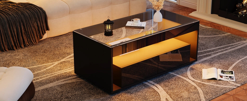 TAVOLINO DA CAFFÈ LED 100x50x40 cm Nero in truciolare e vetro temperato