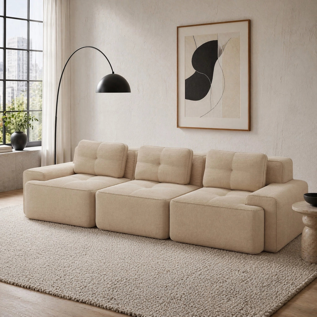 Divano modulare basso 293 cm in velluto a coste beige HOMVRA