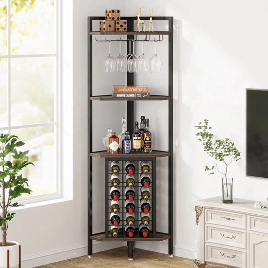 Credenza per vino - Scaffale per vino - Credenza per bevande - Credenza per angolo - Credenza - Con ripiano in vetro - Industriale - Legno e metallo - Moka/Caffè