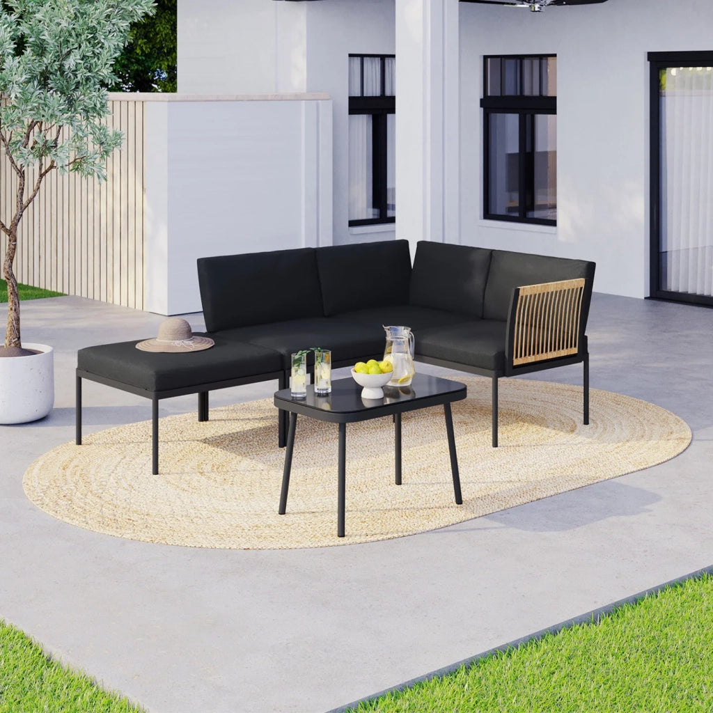 IDMarket - Set di mobili da giardino modulari bassi RIO 4 posti struttura in metallo nero, cordame effetto rattan chiaro con cuscini neri