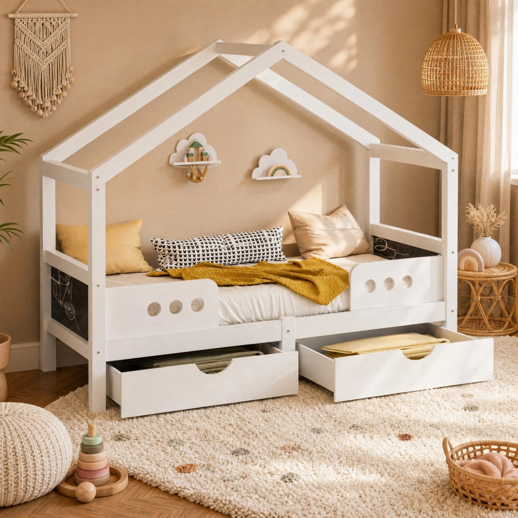 Letto per bambini 90x200 cm con tetto; 2 cassetti e lavagna in legno; bianco
