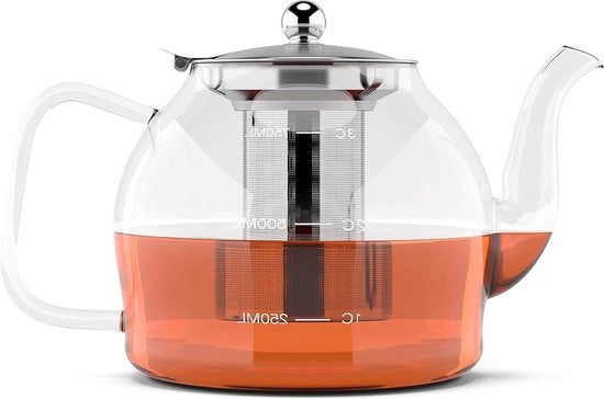 Teapot in vetro trasparente con infusore - 800ml - per tè libero - serve 2-4 tazze - vetro borosilicato resistente al calore con beccuccio non bagnante