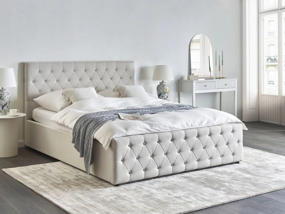 Letto matrimoniale imbottito in poliestere beige con testata imbottita con pouf 160 x 200 cm testiera doppia trapuntata