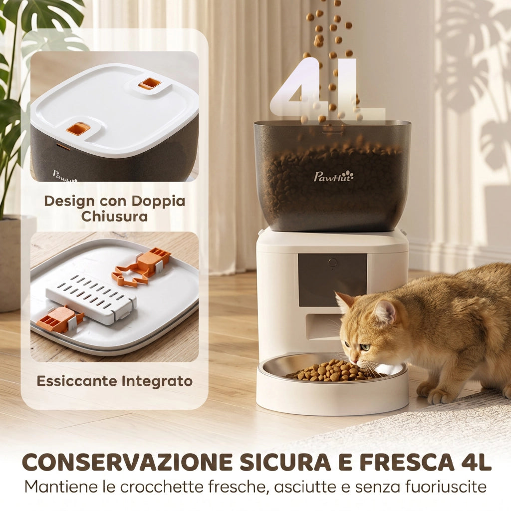 Distributore Automatico Cibo Gatti 4L WiFi 2.4G App Controllo con Registratore 10s Ciotola Bianco