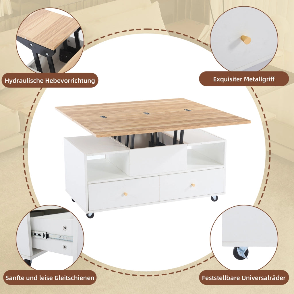 Tavolino da Salotto Sollevabile con 4 Cassetti e VanI Aperti per Salotto 100 × 50 × 47,5 cm