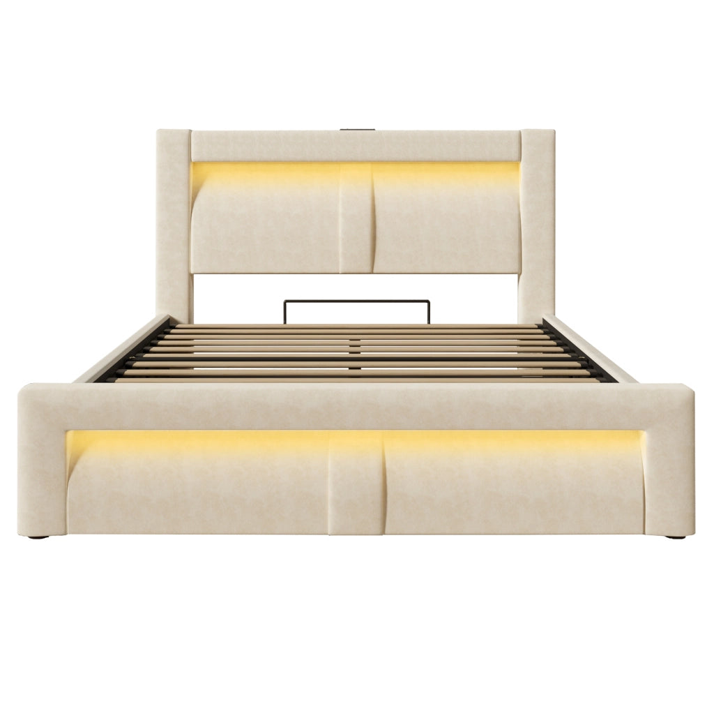Letto matrimoniale ULEVR 140x200 cm con contenitore idraulico, LED, USB e Type-C, velluto beige