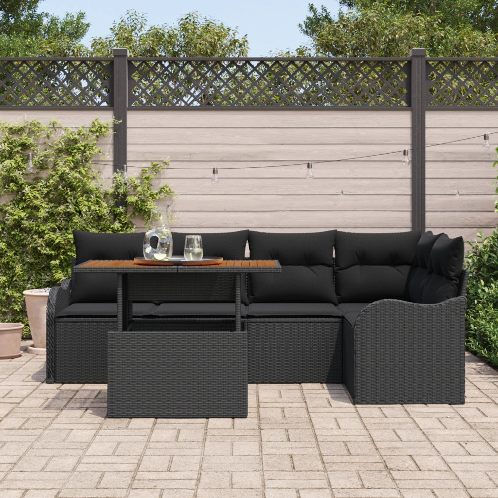 Set Divano da Giardino 6 Pezzi con Cuscini Nero Polyrattan Acacia