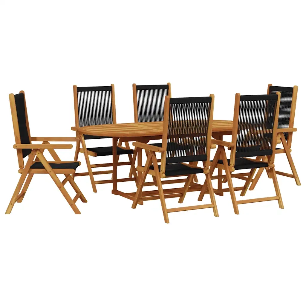 Set Pranzo da Giardino 7 pz Nero Polyrattan e Legno Massello