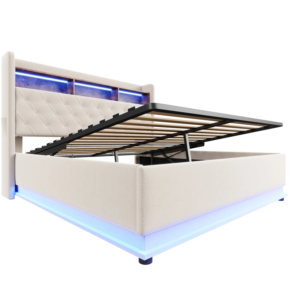 Letto matrimoniale imbottito 180x200 cm con LED; USB e contenitore idraulico; beige