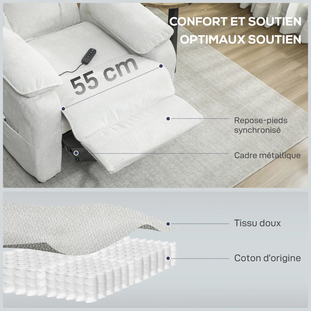 Poltrona relax elettrica reclinabile con poggiapiedi, tasche laterali e telecomando ¨C zephmum ¨C 86x90x103cm crema