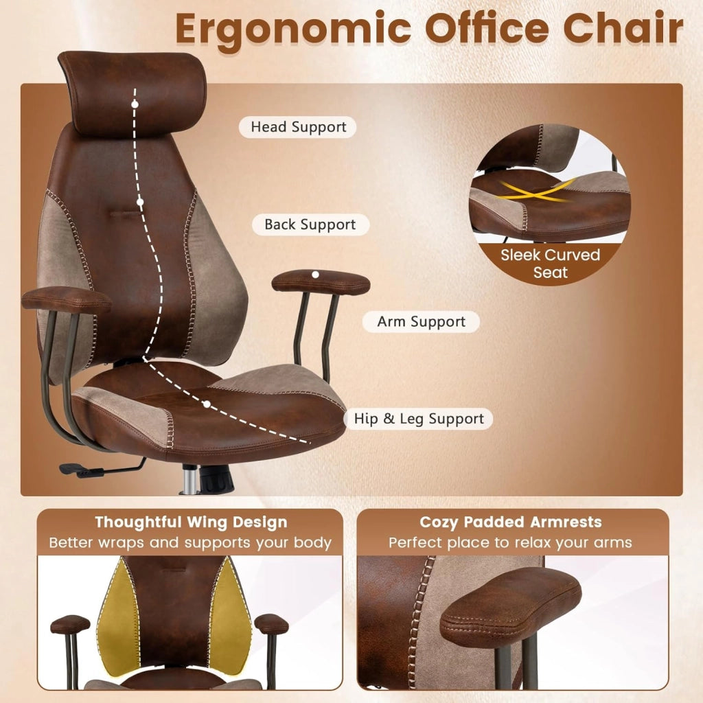 Sedia da ufficio ergonomica, sedia da scrivania girevole con poggiatesta, bracciolo, schienale inclinabile e seduta curva, imbottita in pelle scamosciata, altezza regolabile, carico 150 kg
