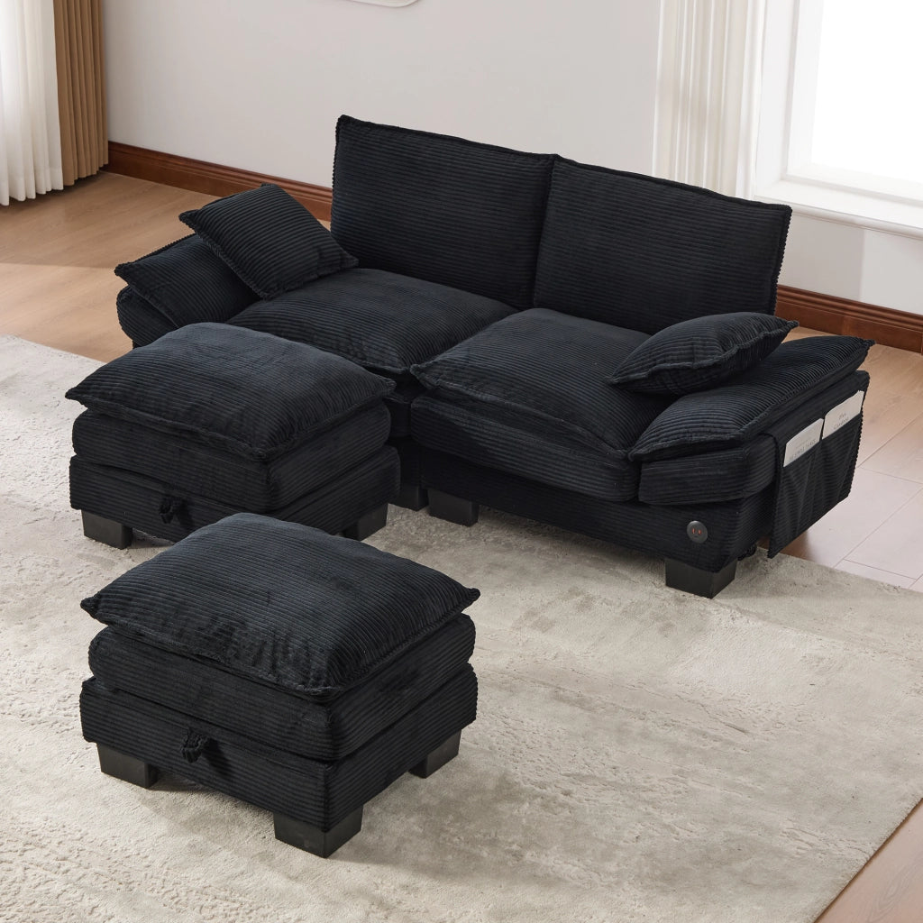 Divano 2 Posti in Velluto a Coste con Pouf, Porta USB-C e Tasche Laterali, Seduta Ampia, Nero