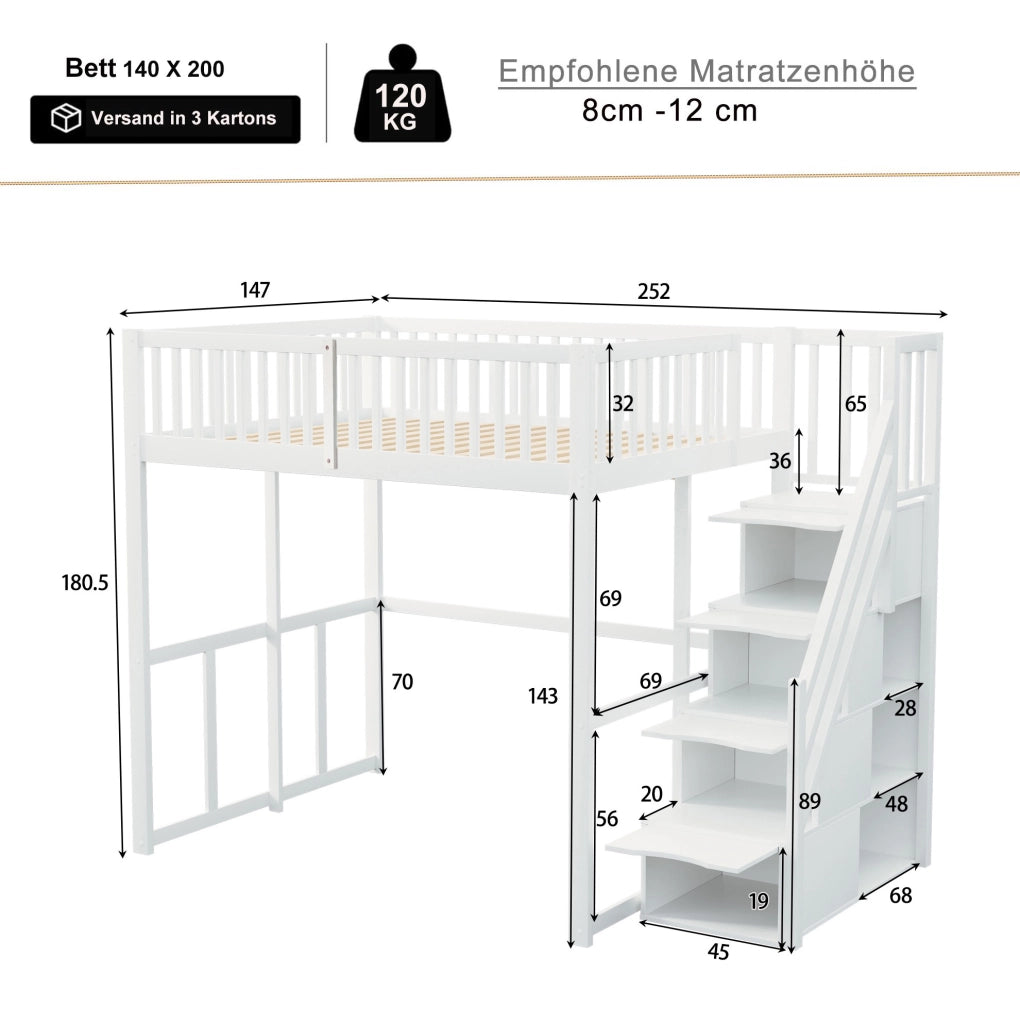 Letto a soppalco 140x200 cm con scala contenitore e struttura in legno