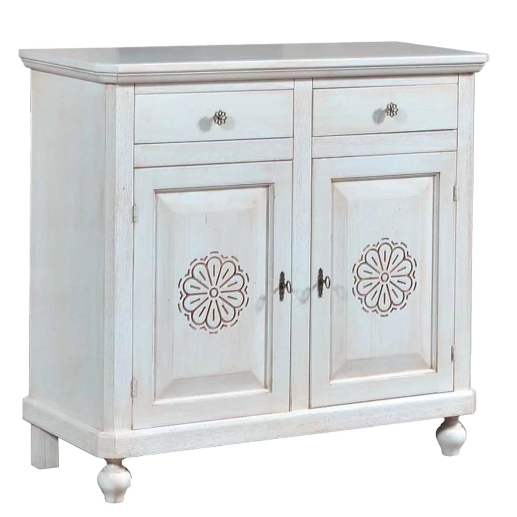 Madia credenza in legno bianco invecchiato e decori l.104 p.43 h.98 - Mobili 2G