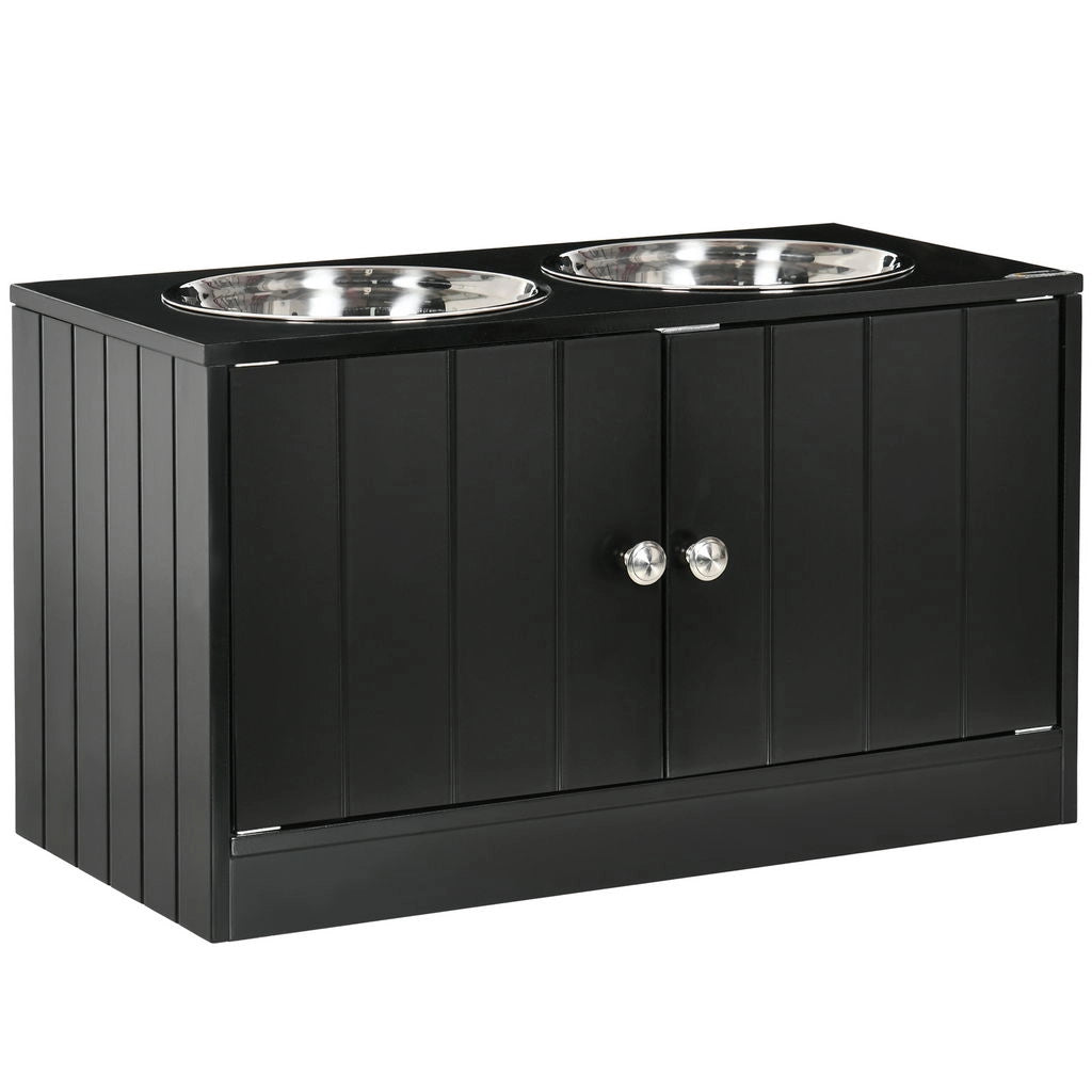 CIOTOLA PER CANI RIALZATA CON VANO CONTENITORE, 2 CIOTOLE IN ACCIAIO INOX RIMOVIBILI, 60X30X35.5CM, NERO