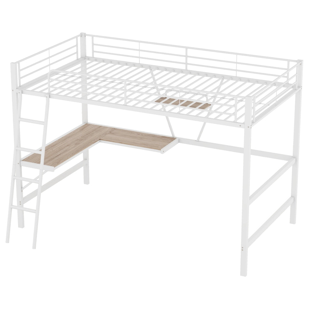 Letto a castello bianco in metallo con scrivania a l e scaffale 90x200 cm