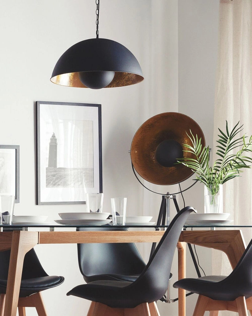 Lampadario in Metallo Nero e dorato con Paralume Tondo Stile Industriale Moderno Soggiorno Sala da Pranzo