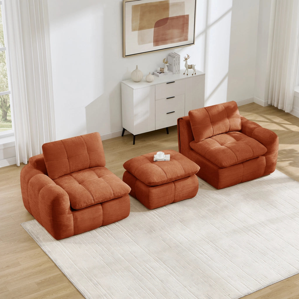 Divano modulare a L in chenille con comfort ergonomico e poggiapiedi arancione per soggiorno e appartamenti