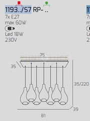 SOSP. CROMO 7 LUCI RETTANGOLARE VETRI PICCOLI (4 FUME'+3 TRASPARENTE) 1193CR-S7 RP-TF