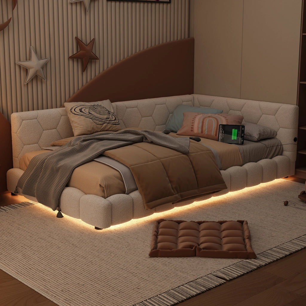 Letto singolo 90×200 cm con LED regolabile; USB e Type-C; senza materasso; MDF e velluto; bianco