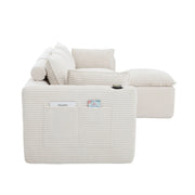 Divano modulare 3 posti in tessuto beige a coste con pouf, cuscini, portabicchieri e tasche laterali