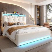 Letto imbottito 160x200 cm con LED; contenitore e USB in velluto beige